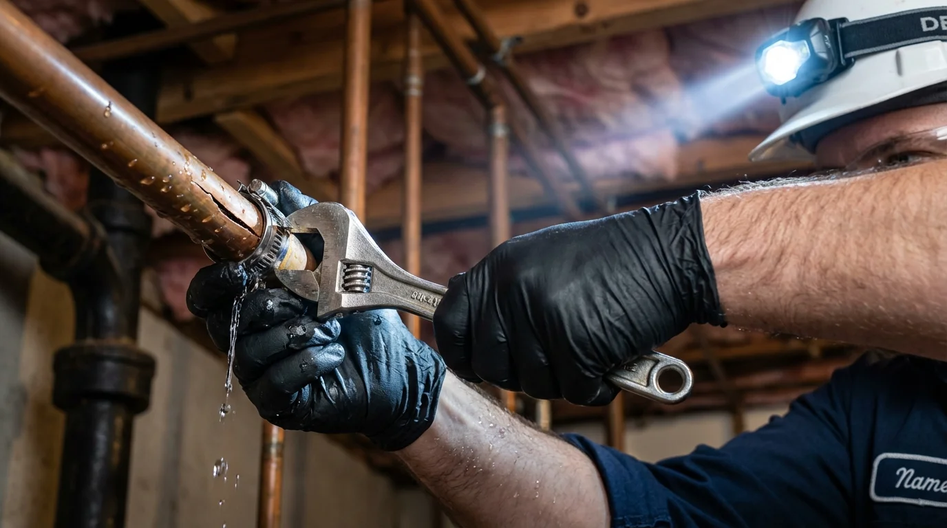 Emergency pipe clamp repair being performed by a Johns Plumbing LLC plumber in Verplanck