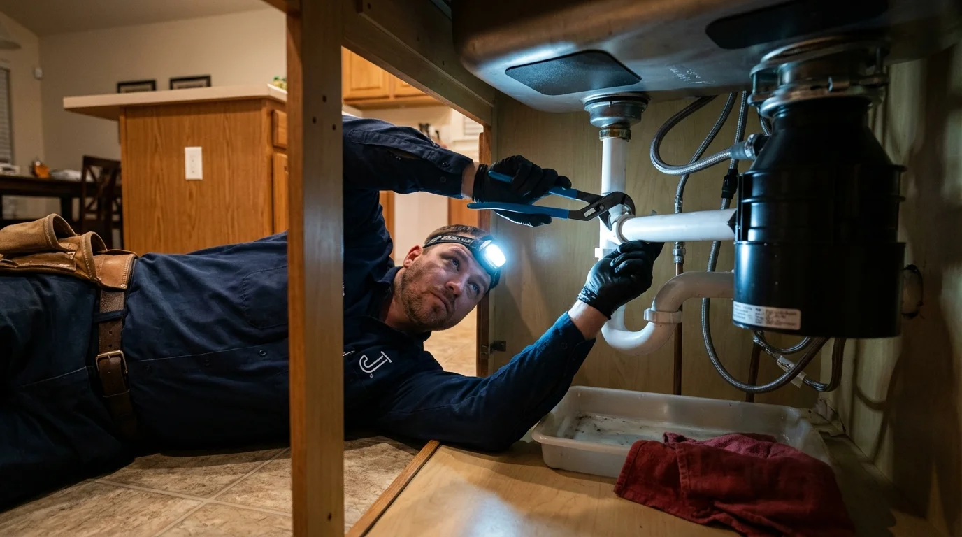 P-trap and supply line connections under a kitchen sink showing a common leak point in Verplanck, NY